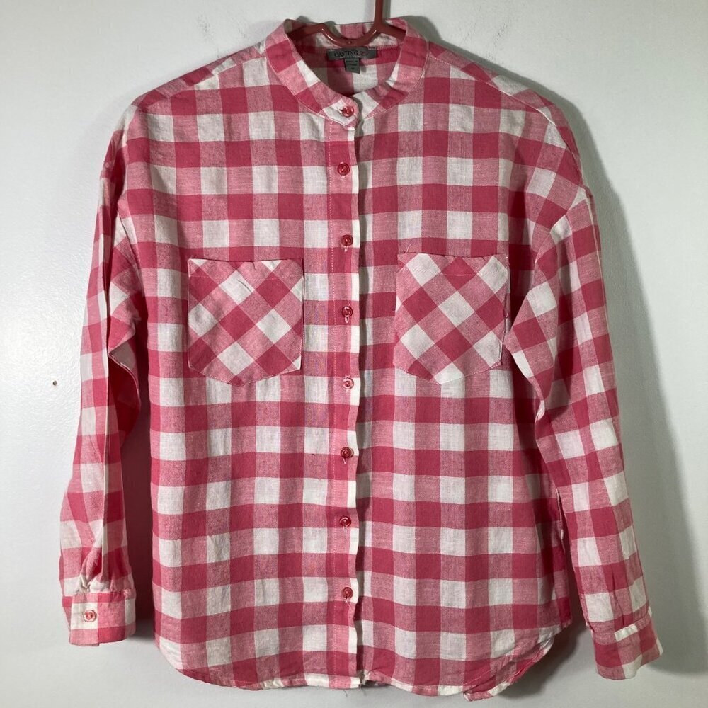 Womens Casting LA Long Sleeve Button Gingham Shirt Pink White Barbie S‎